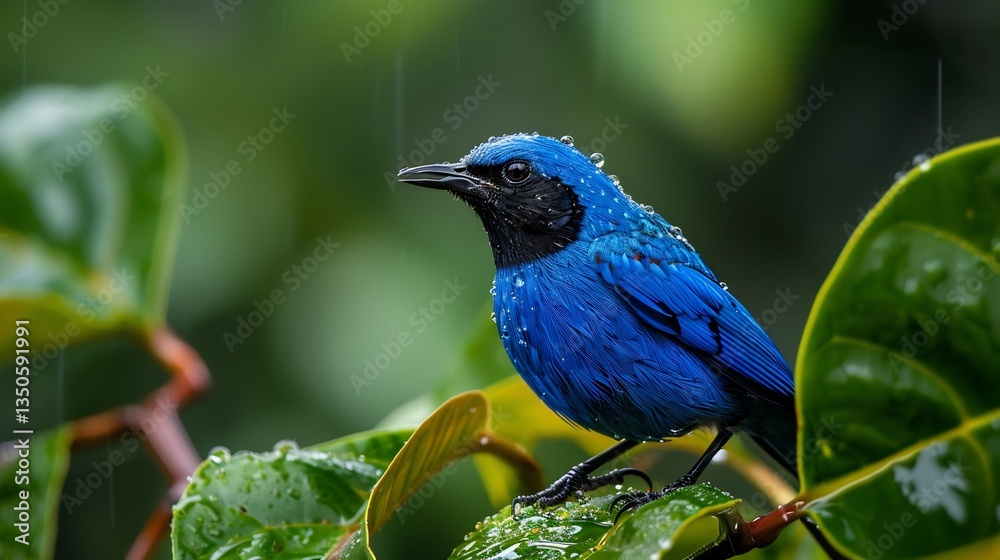 Fototapeta premium Red legged honeycreeper perched a tropical leaf stunning blue and black plumage delicate feet gripping the branch rich rainforest backdrop