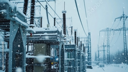 Snow-covered power substation in winter, showcasing electrical equipment amidst falling snowflakes and a cloudy sky