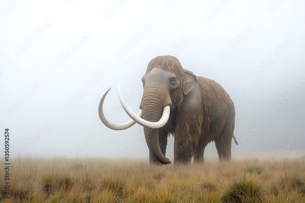 Obraz premium Mammoth Foggy Meadow Prehistoric Landscape.
