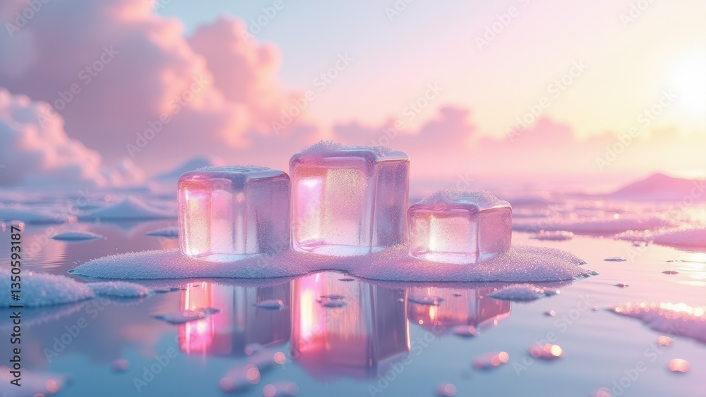 Melting ice cubes on glossy surface with soft pink and purple lighting	