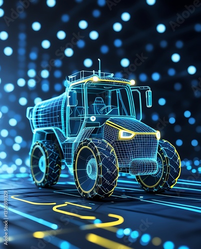Futuristic autonomous tractor with holographic digital interface, AI-driven agriculture concept, smart farming technology, and precision farming innovation in modern agribusiness development

