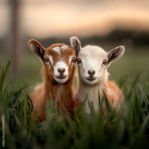 Two cute goat kids in field.