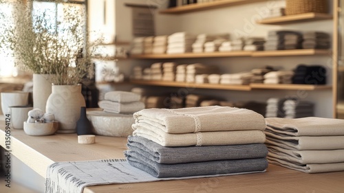 Neatly Stacked Textiles on Wooden Table in Cozy Shop Interior Display