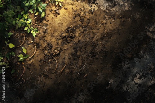 Dark, textured ground with green leaves and several earthworms, creating a moody, earthy scene.