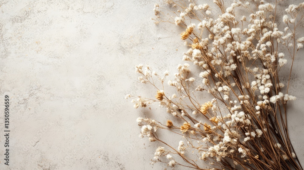Fototapeta premium A delicate arrangement of dried flowers on a textured surface, creating a serene and natural atmosphere