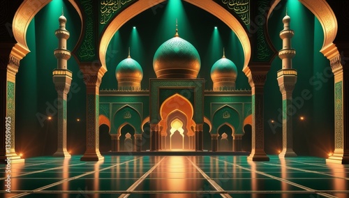 Luxurious islamic golden background. Elegant mosque background. Green islamic golden ceremony award stage venue background. 