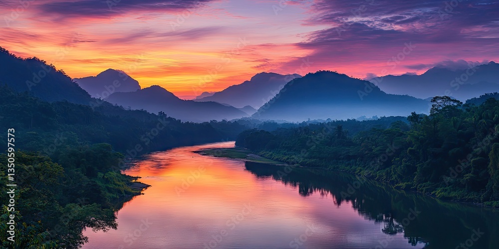 Naklejka premium A serene morning view of a tropical river winding through mountains, reflecting the colorful hues of the rising sun. 