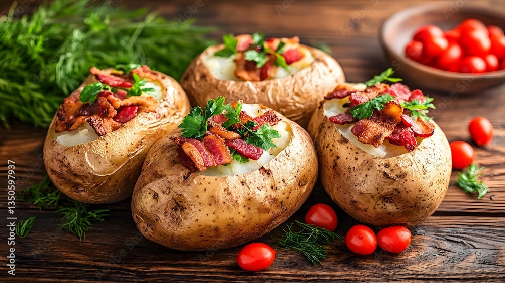 Delicious Baked Potatoes Topped with Crispy Bacon and Parsley Delicious Baked Potatoes Topped with Crispy Bacon and Parsley