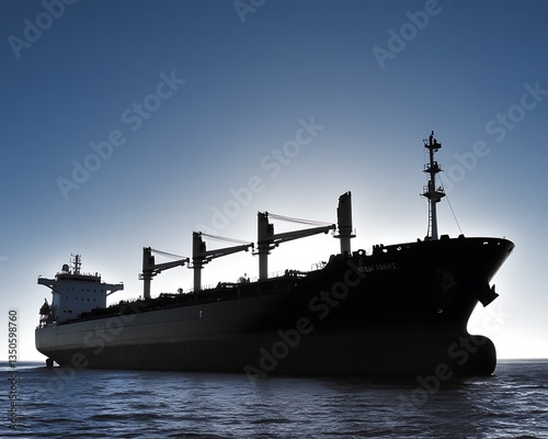 A large cargo vessel sailing on the ocean under a bright sky