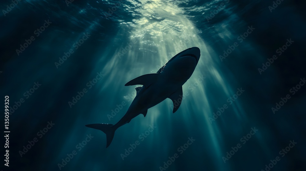 Obraz premium Sleek megalodon glides through deep ocean, embodying power and grace in its streamlined form