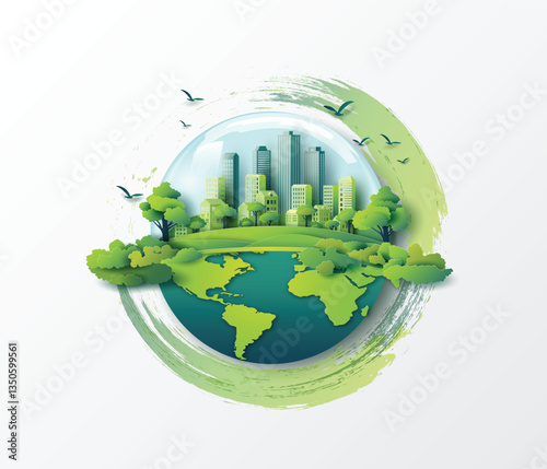 ustainable World with City Skyline and Nature Brushstroke
