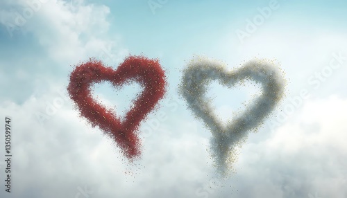 Two hearts with clouds, love, and sky.