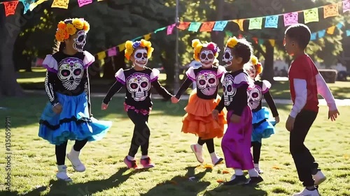 Group of children dressed in colorful Day of the Dead costumes, smiling and playing.