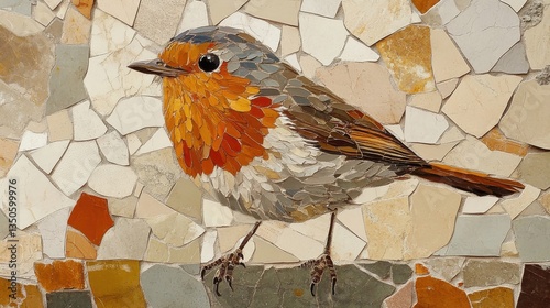 A mosaic depiction of a European robin on a wall