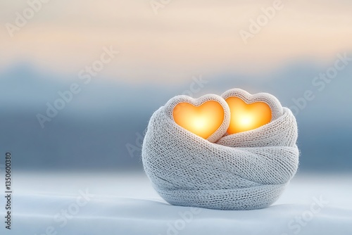 Two hearts with cozy winter sunset.