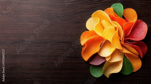 A vibrant art craft showcases colorful flower petals with a unique texture against a dark wood background, resulting in a stunning piece.