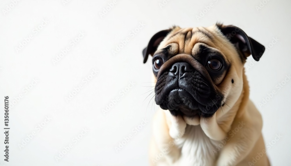 Single pug against pure white backdrop Close-up view , pet photography, pug, headshot