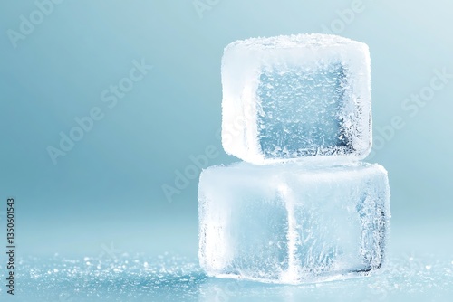 Two ice cubes with frosty, and blue background.