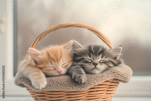 Two kittens sleeping in basket.