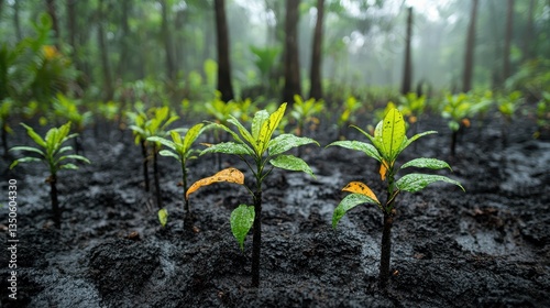 Rainforest reforestation Saplings growing in rich, dark soil after rain