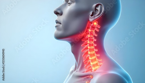 Illustration of the human body focusing on the neck skeleton, highlighting pain caused by cervical spondylosis, herniated disc, or muscle strain