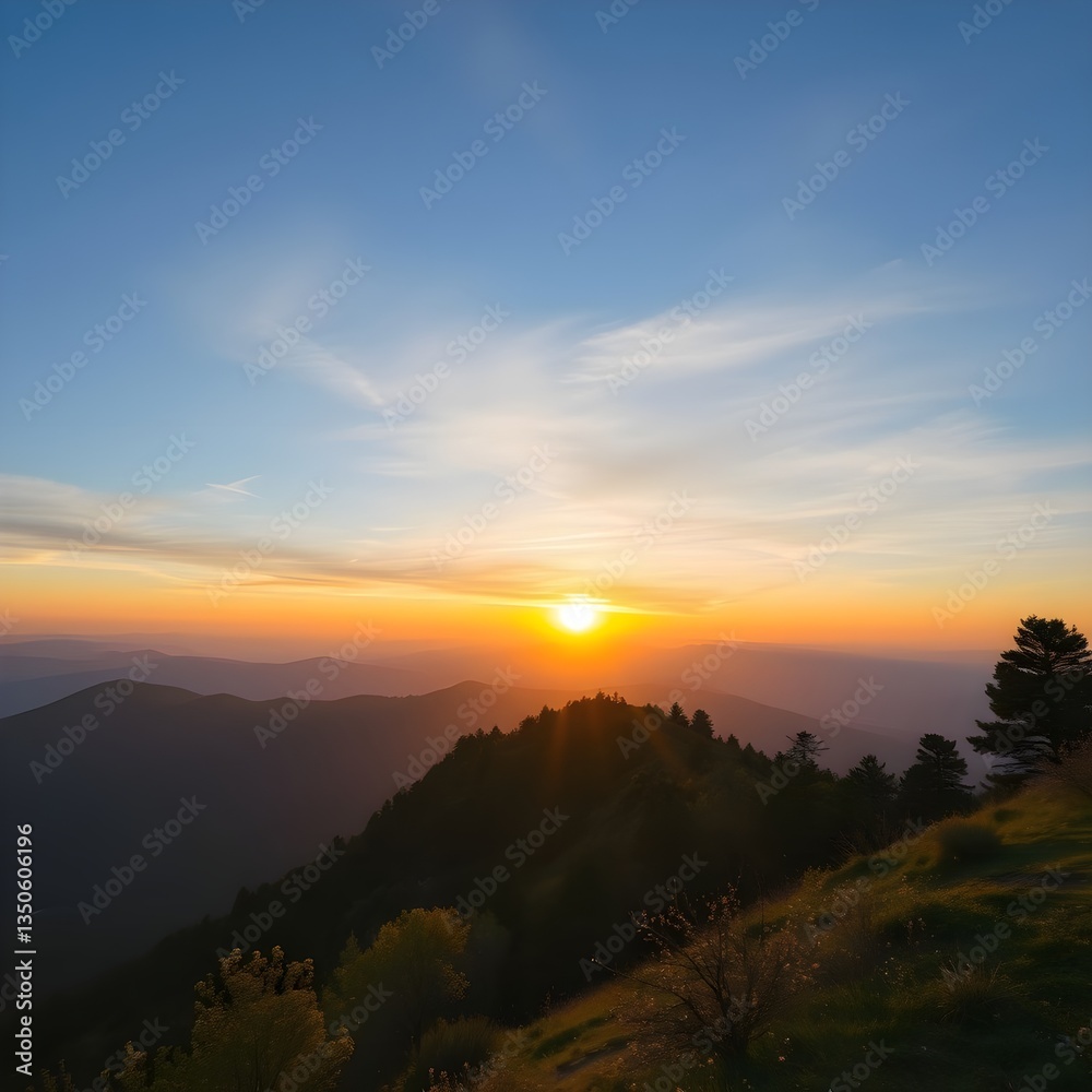 Amanecer en la cima de una montaña alta y azul
Amanecer en la cima de una montaña alta y azul