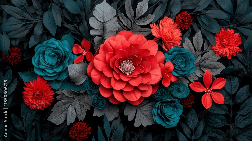 Intricate Red and Teal Paper Flowers on Dark Background Intricate Red and Teal Paper Flowers on Dark Background