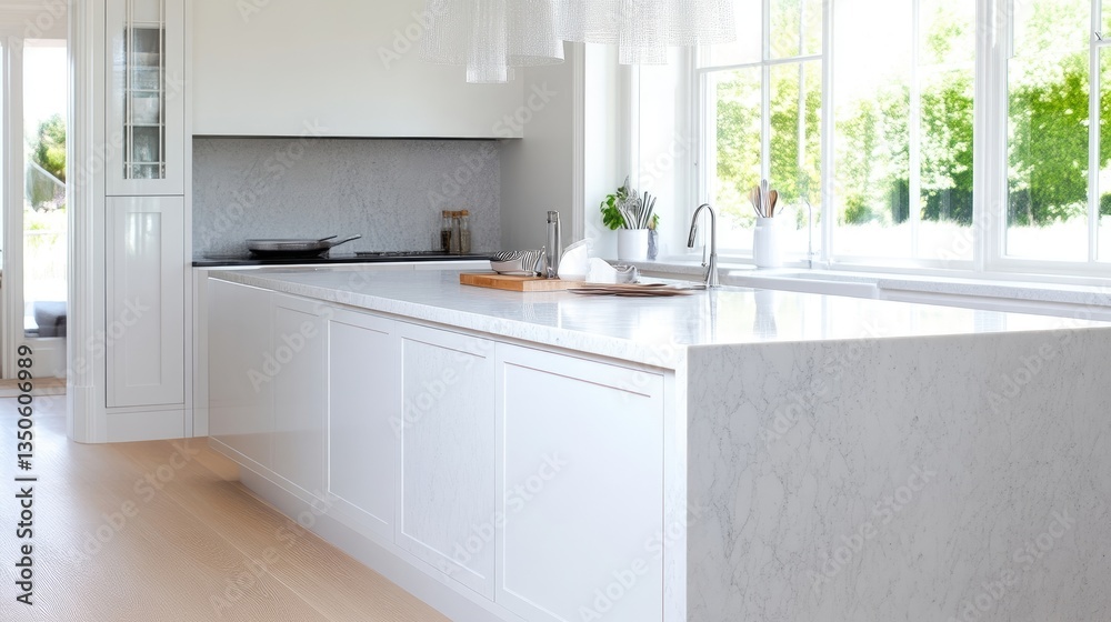 Bright, modern kitchen with white cabinets and a large marble countertop Bright, modern kitchen with white cabinets and a large marble countertop