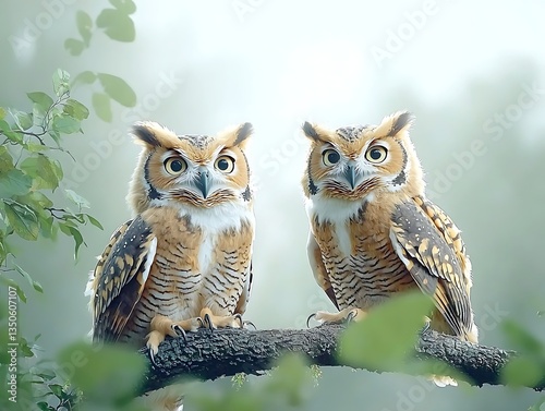 Two Owls on Branch with Forest.