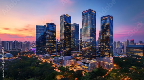 Stunning cityscape at twilight, featuring modern skyscrapers, lush greenery, and illuminated city lights