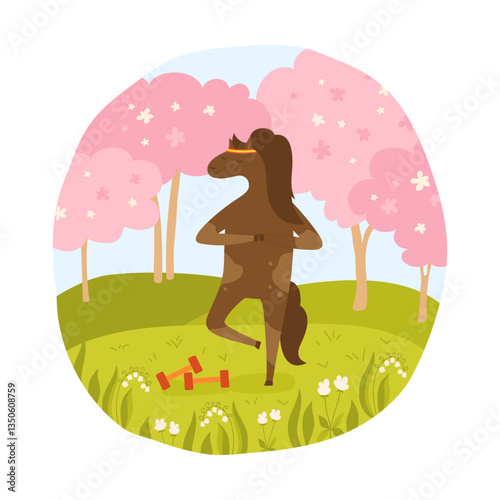 Horse doing yoga exercises on summer meadow cartoon vector illustration. Comic stallion horse meditates relax in nature. Flat character animal. Hand drawing design perfect for children book, poster