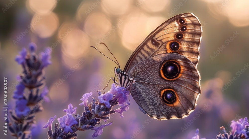 Naklejka premium Close-Up of a Butterfly on Lavender Flowers with Soft Bokeh and Natural Light Background