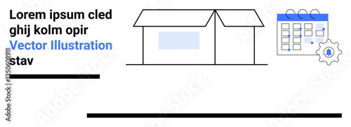 Simplistic house illustration with a calendar and gear icon representing task organization, efficient planning, and management. Ideal for time management, scheduling tools, real estate, home