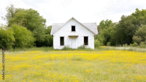 Wallpaper Mural Abandoned white house in a field of yellow wildflowers.  A small, single-story, white farmhouse, seemingly deserted, stands amidst a vast expanse of vibrant yellow wildflowers.  Torontodigital.ca