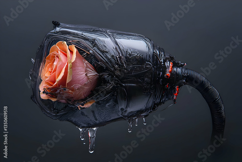 Pink Rose in Dark Plastic Tube with Water Droplets