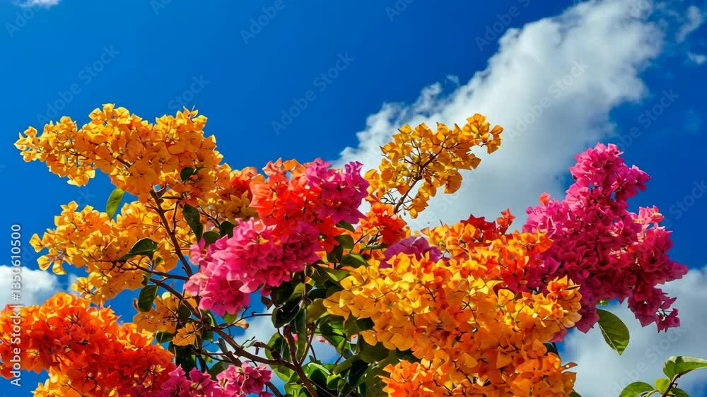 Vibrant bougainvillea blooms in bright hues against a clear blue sky with fluffy clouds Vibrant bougainvillea blooms in bright hues against a clear blue sky with fluffy clouds