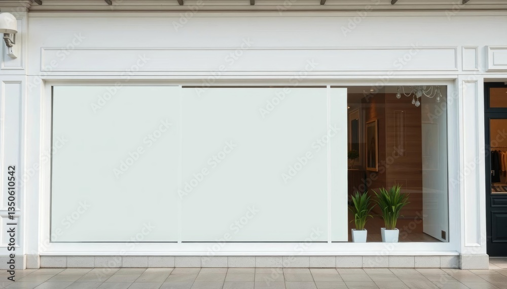 Fototapeta premium Clean white storefront mockup; blank glass windows, modern design, storefront, facade