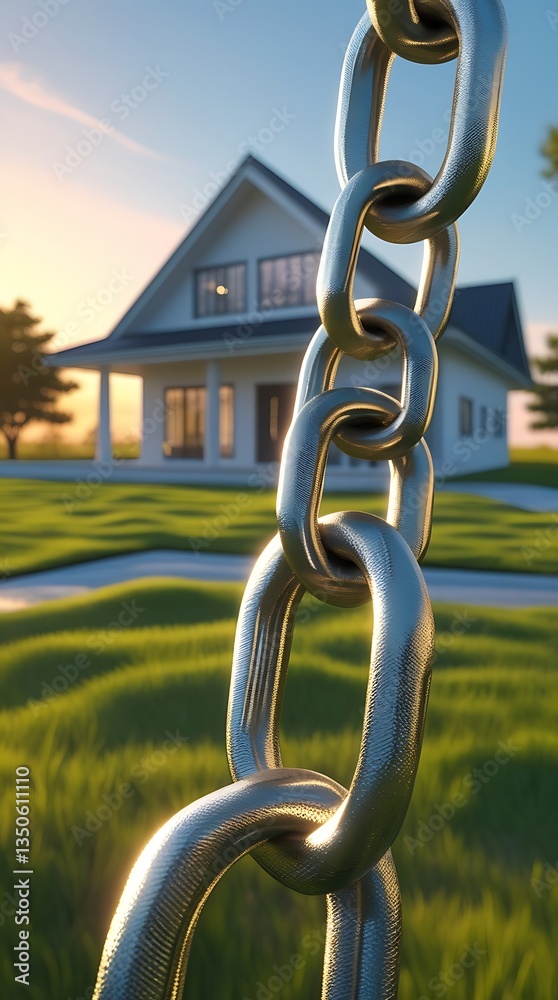 Naklejka premium Symbolic image of a secured home with a large metallic chain in the foreground, representing property security, real estate protection, home insurance, and financial safety