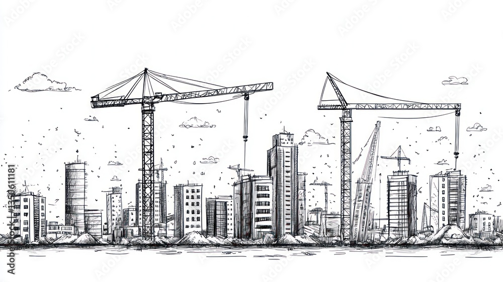 Fototapeta premium Cityscape under construction, hand-drawn sketch, cranes, buildings