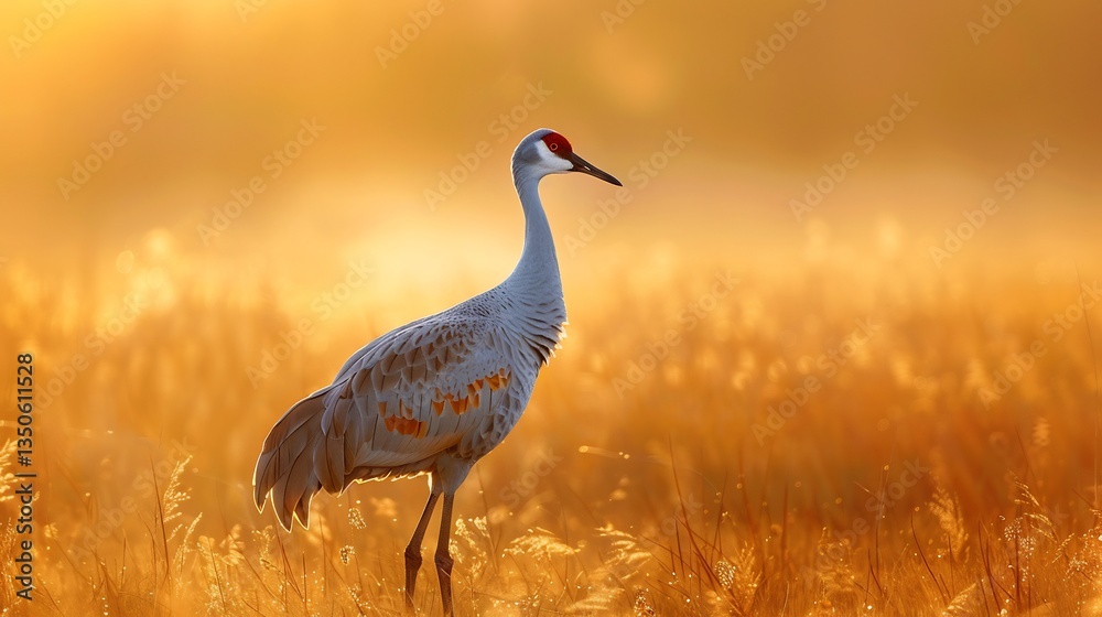 Obraz premium Sandhill crane standing a golden field at sunrise elegant long legs red crowned head soft mist in the background ultra realistic details