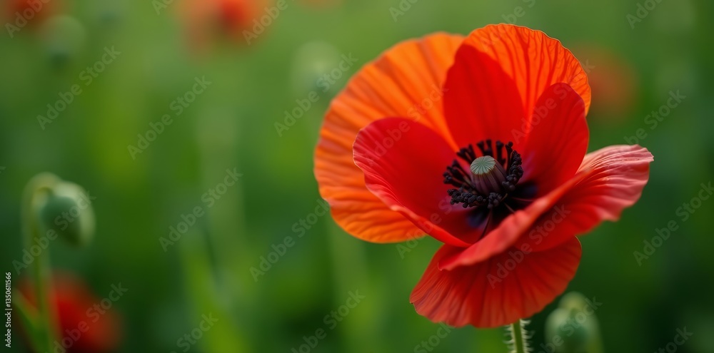 Close-up of a red poppy flower in full bloom with green leaves, macro, botany Close-up of a red poppy flower in full bloom with green leaves, macro, botany
