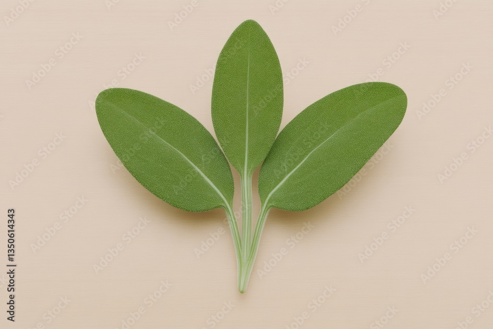 Fototapeta premium Three vibrant green leaves arranged symmetrically on a light beige background. A minimalist, botanical composition