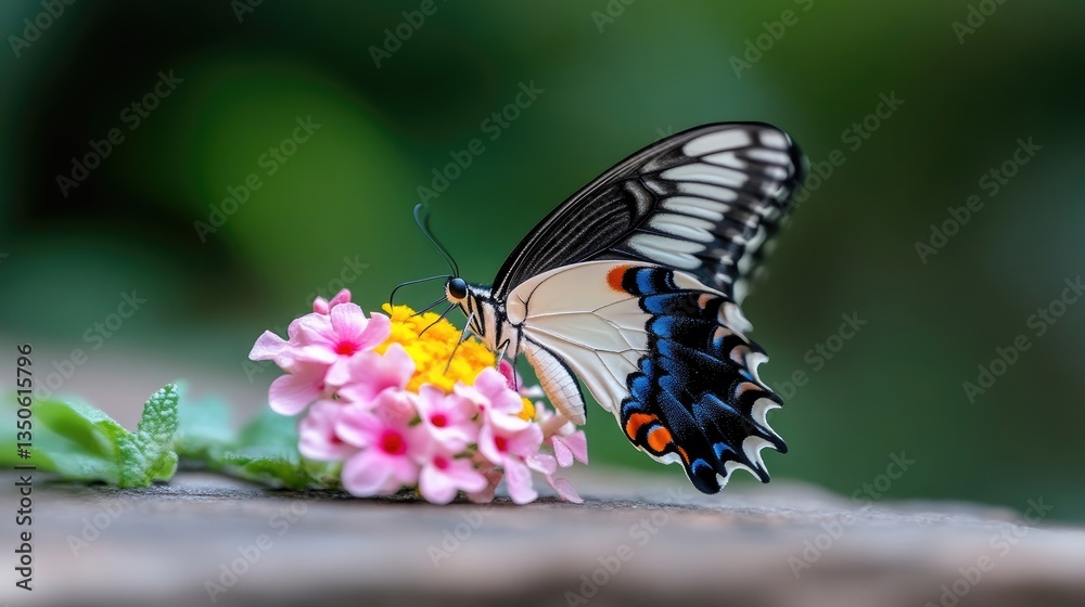 Butterfly sips nectar from pink flower Butterfly sips nectar from pink flower