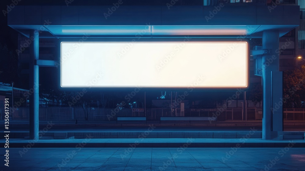 Empty illuminated billboard at night in an urban setting, surrounded by quiet streets and dim city lights Empty illuminated billboard at night in an urban setting, surrounded by quiet streets and dim city lights