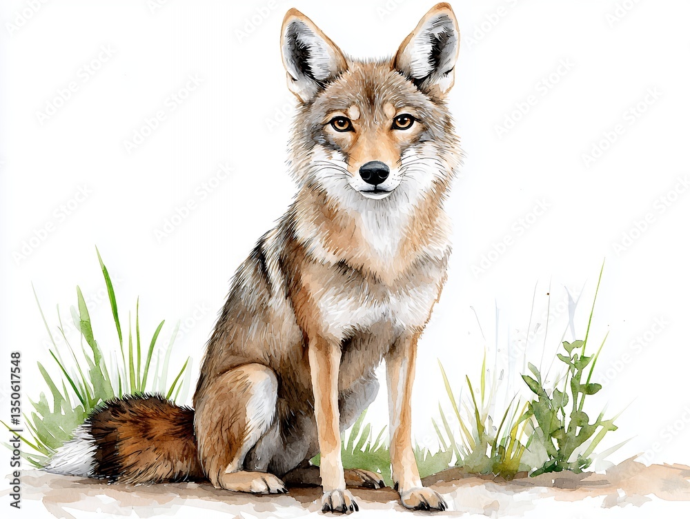 Fototapeta premium Detailed Watercolor Coyote Portrait Against White Background