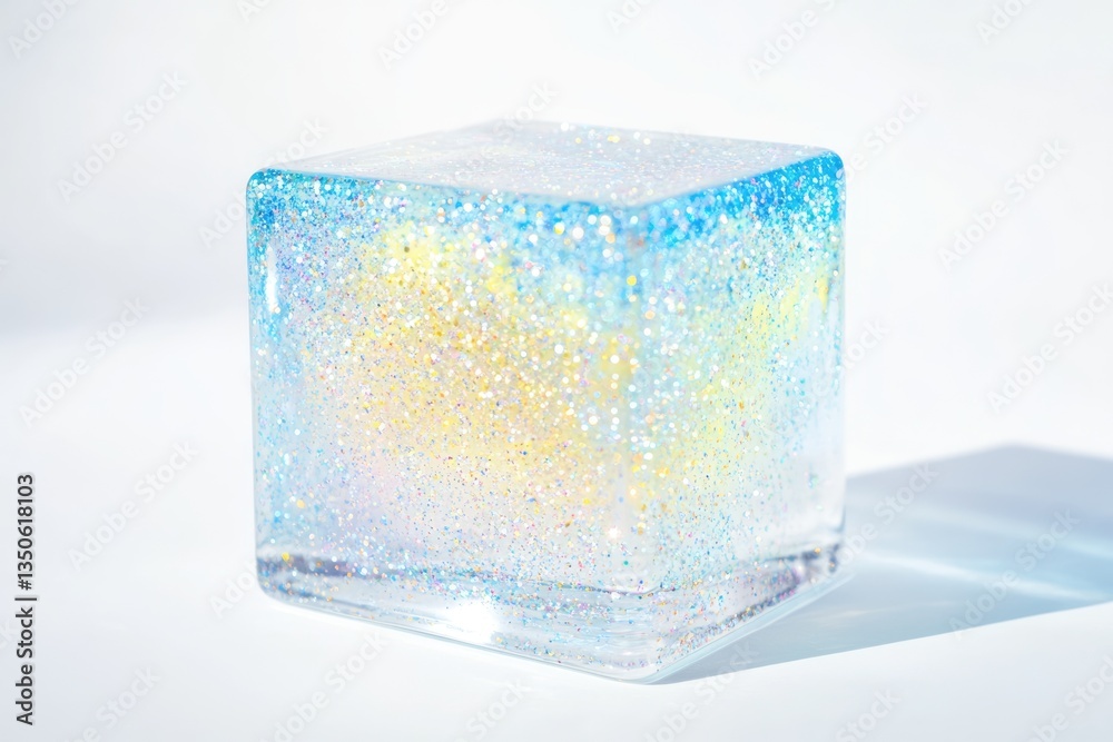 A cube of clear resin filled with iridescent glitter, showcasing a mesmerizing blend of blue and yellow. A cube of clear resin filled with iridescent glitter, showcasing a mesmerizing blend of blue and yellow.