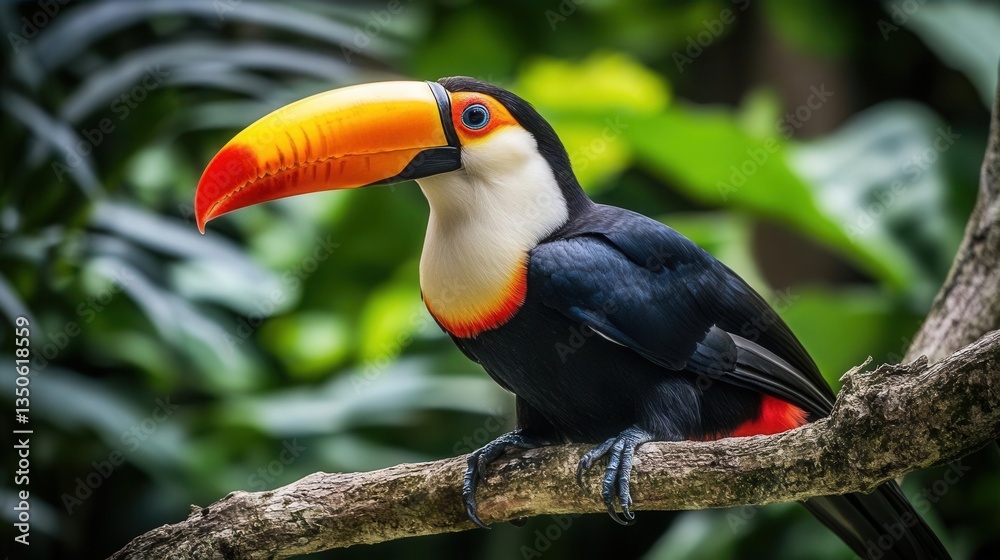 Naklejka premium Colorful Toucan Perched on a Branch Surrounded by Lush Green Tropical Foliage