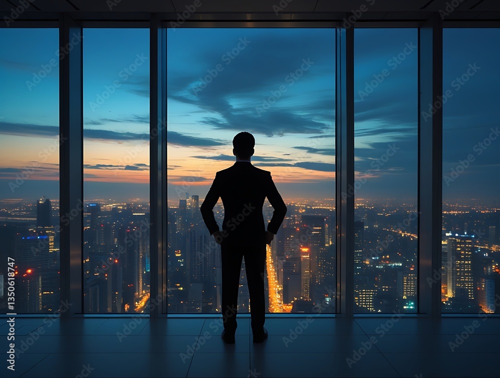 Fototapeta premium Confident businessman in a suit standing in front of a panoramic window overlooking a futuristic city skyline at sunset, symbolizing leadership, success, and ambition