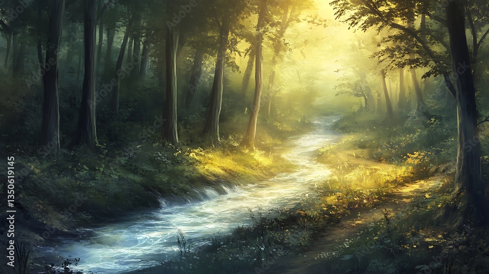 Obraz premium Sunlit forest stream path