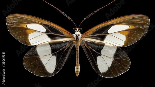 Detailed Macro Shot of a Beautiful Butterfly with Translucent Wings on Black Background photo